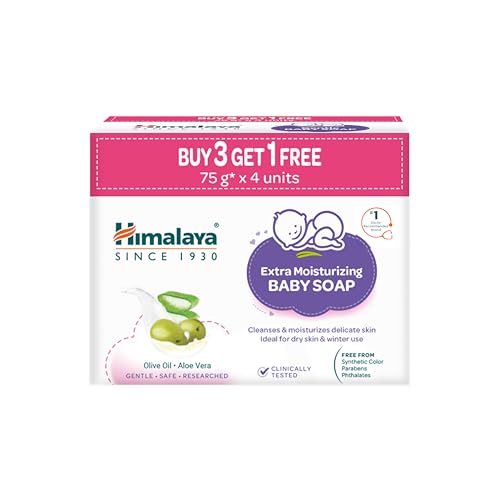 Himalaya Extra Moisturizing Baby Soap 75 g | Buy 3 GET 1FREE | No 1 Doctor Prescribed Brand | Aloe, Olive, Milk| Cleanses & Moisturizes Baby's Skin