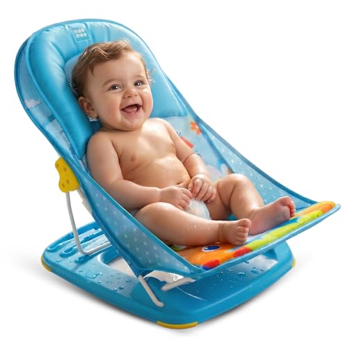 Mee Mee Newborn Baby Bather | Bath Chair for Newborns and Infants 0-12 Months | Foldable | 3 Position Adjustable chair | Anti Skid Base | Washable Soft Mesh Seat | for Babies Upto 5Kg (Blue)
