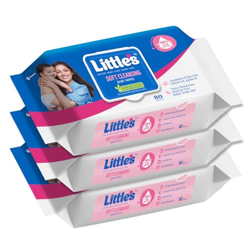 Little's Soft Cleansing Baby Wipes with Lid | 80 Wipes x Pack of 3 - 240 Wipes | Extra Thick & Moist Wet Wipes for Baby's | Prevents Rashes & Redness with Goodness of Aloe Vera, Vitamin E & Jojoba Oil