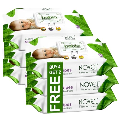 Novel Baby Wet Wipes 80 Wipes x Pack of 6 (480 Wipes) | Aloe Vera, Chamomile, Jojaba Oil, Vitamin E Enriched | pH Balanced, Alcohol, Hypoallergenic & Paraben-Free | Extra Thick & Moist wet | Anti Rash Soft Gentle Baby Wipes with Lid