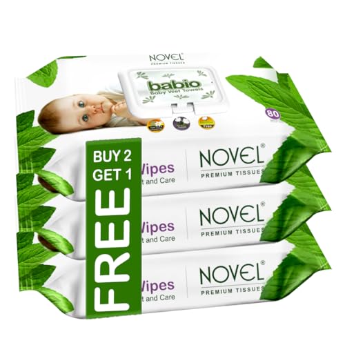 Novel Baby Wet Wipes 80 Wipes x Pack of 3 (240 Wipes) | Aloe Vera, Chamomile, Jojaba Oil, Vitamin E Enriched | pH Balanced, Alcohol, Hypoallergenic & Paraben-Free | Extra Thick & Moist wet | Anti Rash Soft Gentle Baby Wipes with Lid