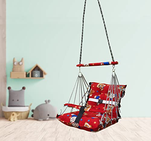 Luxurin Cotton Velvet Baby Swing Foldable jhula Portable jhoola for Kids 0-3 Years Safety Belt Soft Cover (Red)