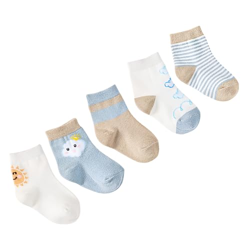 SYGA 5 Pairs Baby Girl Boys Non Slip Trainer Socks Toddlers Warm Cotton Stretch Crew Anti-Slip Baby Socks- Sun Cloud, 0-1 Years