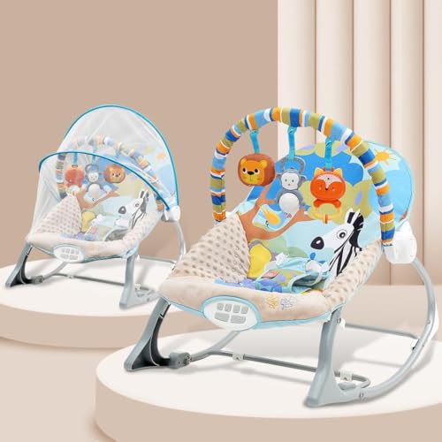 INFANTSO Baby Rocker & Bouncer for 0 to 2 Years (Dark Blue), Portable Rocker for Newborn with Mosquito Net, Calming Vibrations, Soft Music & 3 Hanging Toys, 5-Point Safety Harness
