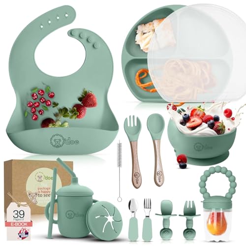 17-Piece BPA-Free Silicone Baby Feeding Set | Thick & Soft Suction Plates, Baby Food Bowl, Wooden Fork & Spoon, and More | Make Mealtime Fun and Easy for Your Little One
