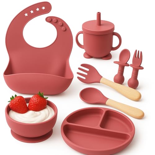 TOVIXY Silicone Suction Plates Solid for Baby&Toddler|Large Crumb Pouch|Suction Bowl,Cup,Fork,and Spoon Cutlery Set|Easy Wipe Clean|Baby Feeding Sets for Babies and Toddlers (8 Pcs),Pink