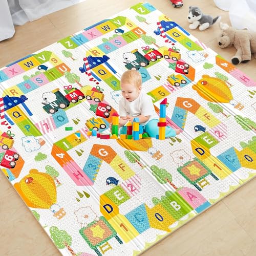 TARKAN Extra Large Reversible Baby Play Mat, BIS Safety Certified, BPA Free Foldable Foam Crawling Mat (6.5x5 ft, 6mm Thickness) Alphanumeric-Giraffe