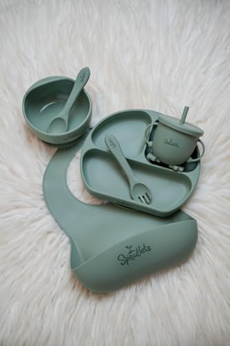 Sproutlets 6 Pcs Silicone Baby Feeding Set | BPA-Free Baby Dinner Set with Suction Plate, Bowl, Bib, Cup, Spoon & Fork | Microwave & Dishwasher Safe | 6+ Months (Olive Green)