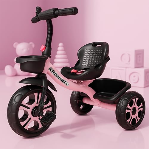 Kidsmate Ninja Plug N Play Durable Kids/Baby Tricycle, Safe & Secure, Storage Basket, Cushion Seat and Seat Belt for 12 Months to 48 Months Boys/Girls/Carrying Capacity Upto 30 Kgs (Pink)
