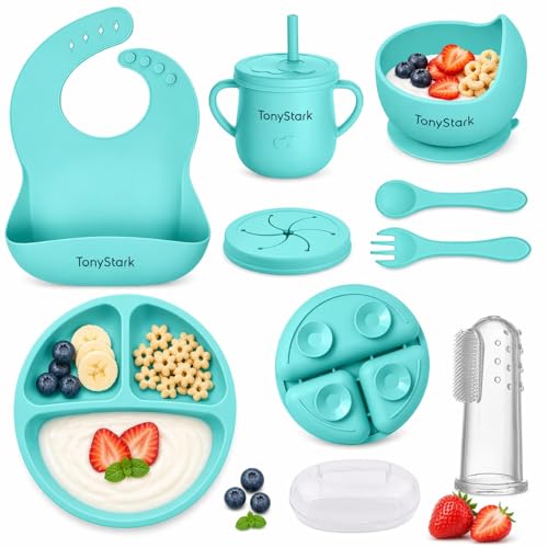 Tony Stark 7 Pcs Silicone Baby Feeding Set Bpa-Free,Microwave Safe,Anti-Slip Base | Complete Tableware Kit for Babies & Toddlers with Suction Plate,Bowl,Cup, Spoon,Fork & Bib (Green)