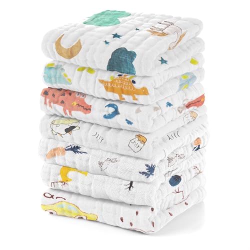 EMSAAG Muslin Animal Pattern Baby Washcloths Pack of 7 - Absorbent Baby Bath and Face Towels, 100% Cotton Baby Wipes, Burp Cloths, Feeding Towels for Babies and Infants - 10 x 10’ (Animal Pattern)