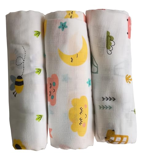 TUMMY TIME 100% Cotton Muslin Baby Swaddle Set, Pack of 3, Printed on White, 0-18 Month+, Printed Mulmul Muslin Swaddle Wrap for New Born Baby