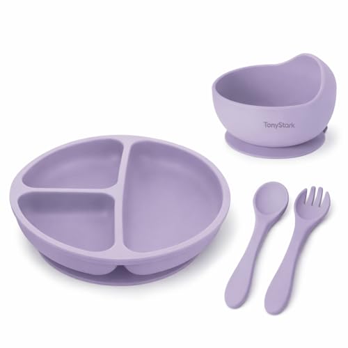 Tony Stark Baby Feeding Set Silicone Tableware with Suction Plate, Bowl, Spoon & Fork for Babies | BPA-Free, Non-Toxic, Food Grade (Lavender)