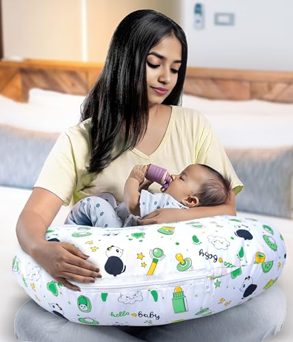 Infans Mini Baby Feeding Pillow Cotton|Maternity Feeding Pillow Portable & Adjustable|Nursing Pillow for Mother and New Born Baby (Panda Green)