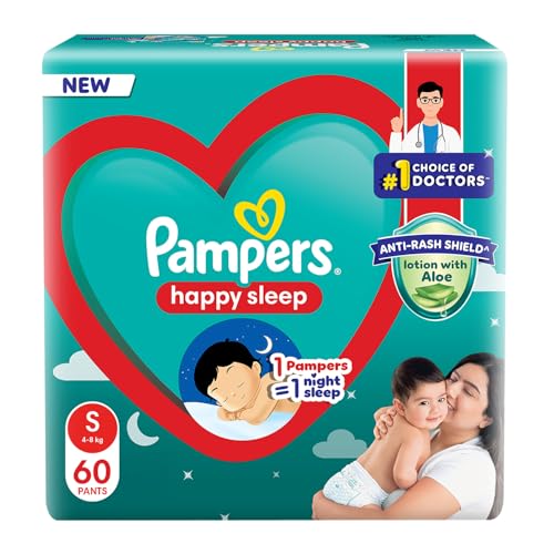 Pampers Happy Sleep Pant Style Baby Diapers, Small (S), 60 Count, 1 Pampers = 1 Night Sleep, with Anti Rash Shield, 4-8 Kg Diapers