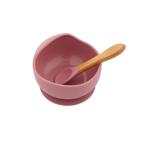 Xacton Baby Feeding Bowl & Spoon I Silicone Unbreakable Non-Slip Suction Base Design I BPA Free, Dishwasher, Freezer & Microwave Safe I Feeding Kit for Infants & Toddler (Wine Red)