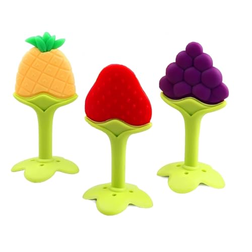 3 PCS Baby Teething Toys, Soft Fruit Teething Toys for Babies 0-6 Months 6-12 Months, Silicone Baby Teethers Stick Freezer Safe for Infants and Toddlers