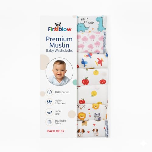 Firstblow 7 Pcs Muslin Cotton Cloth Premium Baby Washcloth for New Born, Washable, Reusable, Absorbent, Extra Soft Face Towels/Hankies for Babies, Stars, Balloons Random Print