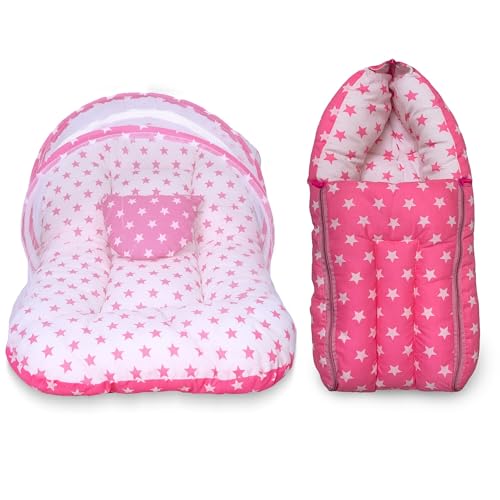 Infans Mini Cotton Baby Bedding Set for New Born Baby Sleeping Bag, Mosquito Net Bed Suitable Upto 6 Months Babies (Star Pink), 500 TC