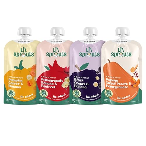 Li'l Sprouts FruGies Fun Combo Pack | Baby Food Puree | 4 Flavours | 6 Months+| Ready-to-Eat | Infant Travel Food | Pack of 4, 100g each | All Natural, No Salt, No Sugar and No Preservatives | Packed with Nutrients