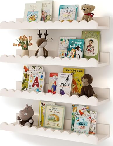WooDintu Engineered Wood Nursery Book Shelves, 4-Pack White Floating Shelves for Wall Kids, Scalloped Shelves, for Bedroom Kids, Toddler Room, Baby Room, Nursery Decor White (18 Inch)