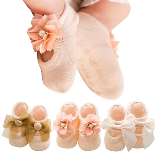 BabyMoon Set of 3 | Non-Skid, Anti Slip Pearl Bow Flower Baby Socks Gift Box | Safety Protector | 0-12M