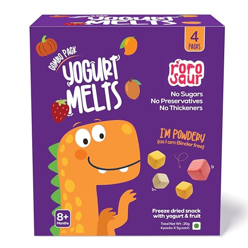 Rorosaur Baby Snacks - Melts with Yogurt and Fruit & Veggie for 7+ Months | Mango, Chickoo, Strawberry, Pumpkin | Finger Food for Toddlers | No Sugars, No Preservatives, No Binders | 4 Variants 5g each