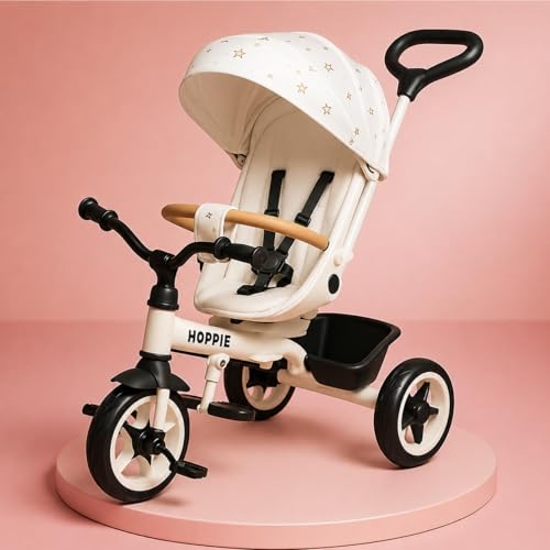 Hoppie Baby Tricycle for Kids (1–4 Years) | 4-in-1 Convertible Trike with Parental Control, Canopy, Safety Harness, EVA Wheels & Storage Basket | Adjustable Seat | White