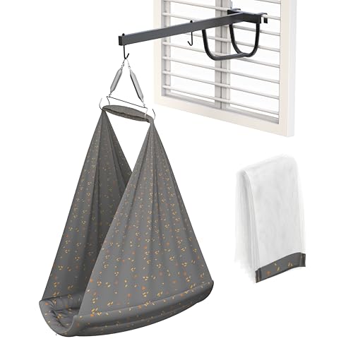 Cherilo Baby Swing Cradle(Jhula) with Mosquito Net, Spring Hanger & Metal Window Cradle Stand - Grey Leaf - Full Set