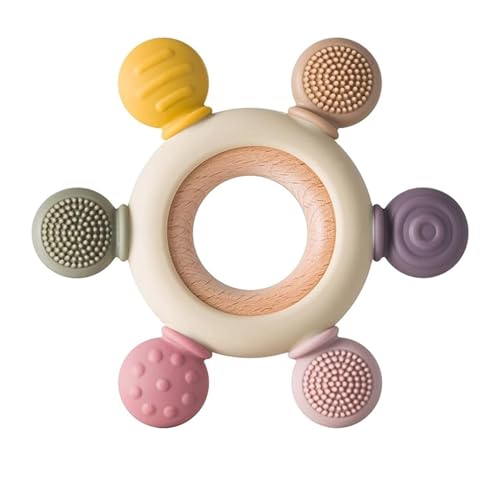 KLIMET Silicone & Wooden Baby Teether for 3+ Months | BPA Free Soft Teething Toy | Safe Teether for Infants | Round Shape | Color - Beige