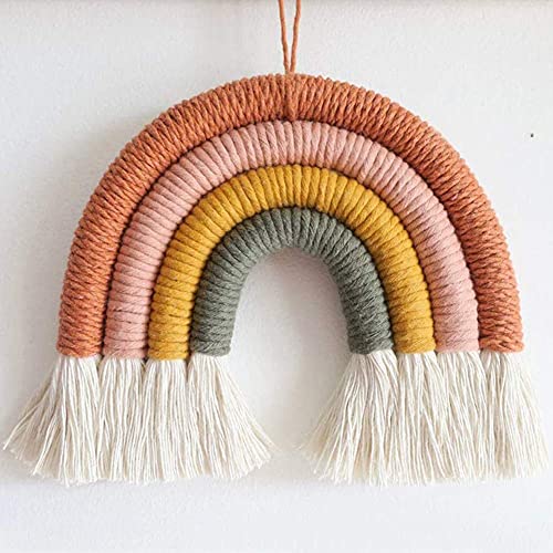 Handmade Macrame Rainbow Wall Hanging 7×7 Inch – Boho Nursery Decor in Dusty Pink Orange Yellow & Gold, Yarn Wall Art for Baby Room Girls & Boys, Gift Idea (Green)