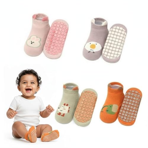 TONY STARK 4 Pairs Ultra-Soft Cotton Baby Socks Set, Antislip Socks for New Born Baby 0-3 Years, Non Slip Grip Ankle Socks with Non Skid Soles for Infants Baby Shower Gifts - Random colors