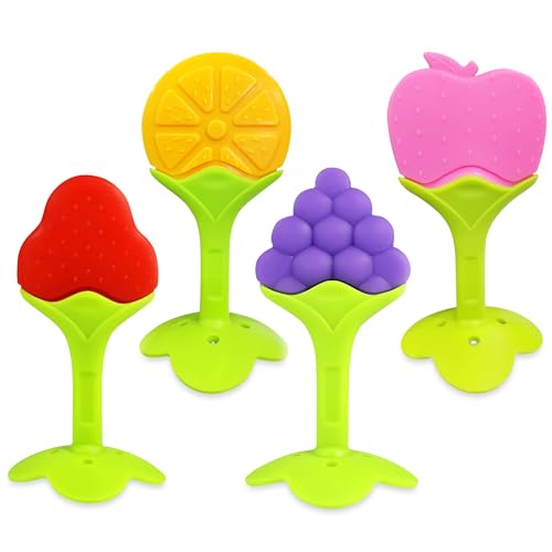 GLUN® Pack of 4 Silicone Baby Teether for 5-12 Months, 4 Piece Different Fruit Shape BPA Free Silicone Soothing Teether Soft & Safe Gum Relief