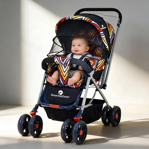 StarAndDaisy Baby Stroller for 0–3 Years, Foldable Baby Stroller/Pram with Mosquito Net, Large Storage Basket, 5 Point Safety Harness