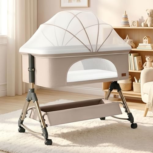 CAREIT Comfortable 6-in-1 Baby Cot, Crib, Bedside Bassinet with Adjustable Height, Mosquito Net, Storage Basket, Wheels, and Mattress | Easy Folding, Unique Design (Light Beige)