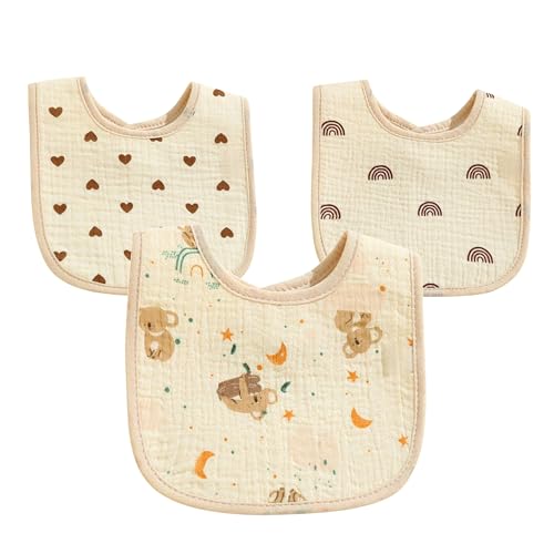 MNP Waterproof Muslin Cotton Baby Bibs – Set of 3 Ultra-Soft Bibs with Adjustable Snap Buttons, Muslin Front & Waterproof TPU Backing for Feeding, Teething & Drooling (0–24 Months)