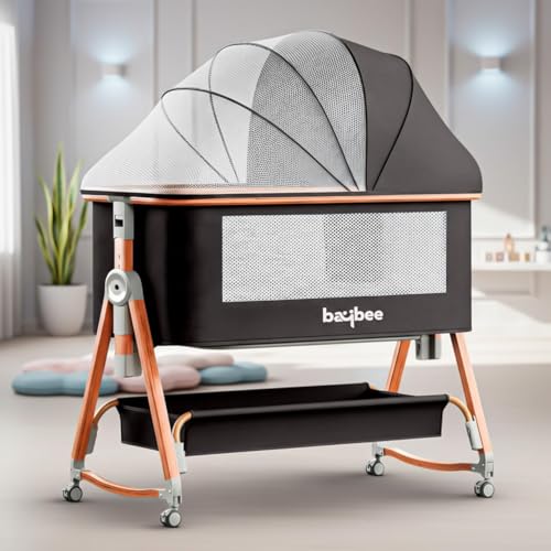 BAYBEE Premium Pro Bedside Crib Cradle for Baby | Bassinet for New Born with 6 Height Adjustable & Rocking Mode | Foldable Cot with Mosquito Net & Storage | Portable Bedside Baby Cribs & Cots (Black)