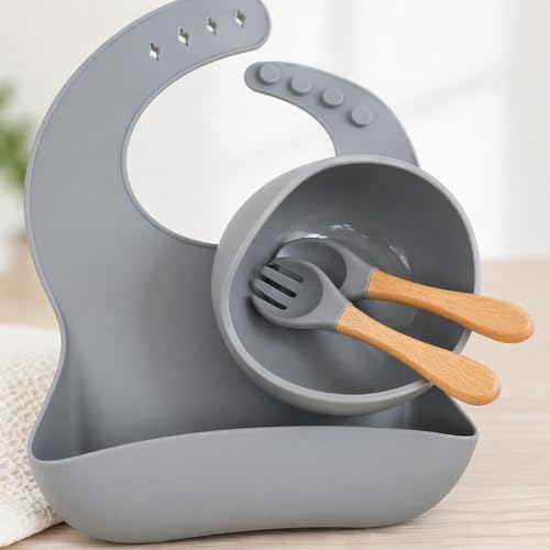 Goyal’s Silicone Baby Feeding Set – BPA Free Food Grade Toddler Set with Suction Bowl, Spoon & Fork, Waterproof Adjustable Bib (Grey)