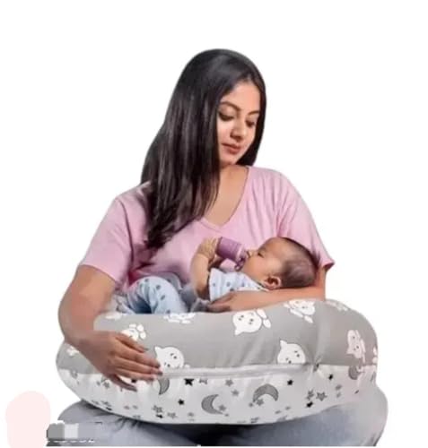 Baby Feeding Pillow with 100% Cotton Removable Cover | Breastfeeding Pillow | Nursing Pillow with Belt and Hoop Grey Colour