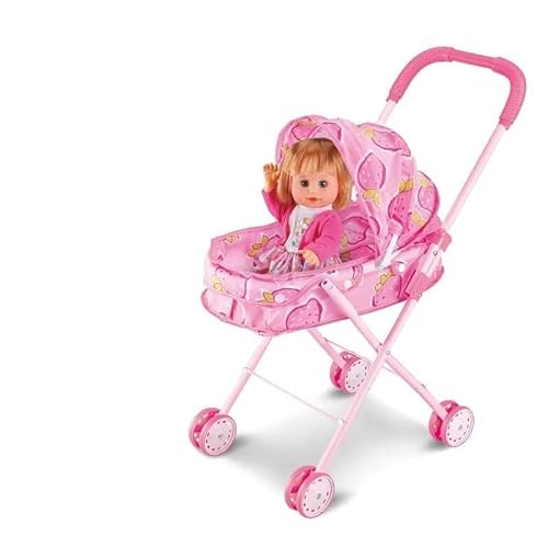Foldable Doll Stroller for Kids, Lightweight Toy Baby Pram with Canopy & Storage Basket, Pink Doll Buggy for Toddlers Girls Pretend Play Gift