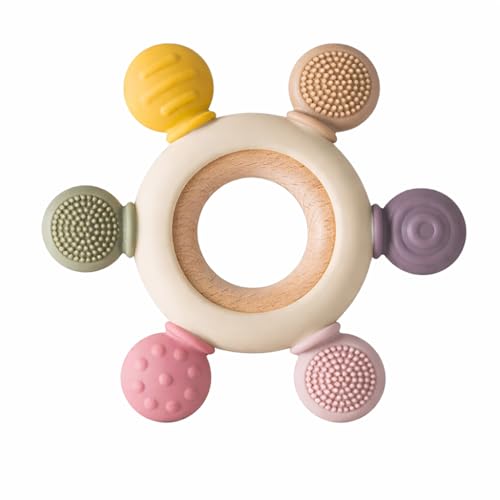 ToyTastic Baby Teething Toy Ring with Multi-Texture Silicone & Wooden Grip | BPA Free Teether for Infants | Sensory Chew Toy for Gum Relief & Motor Skill Development