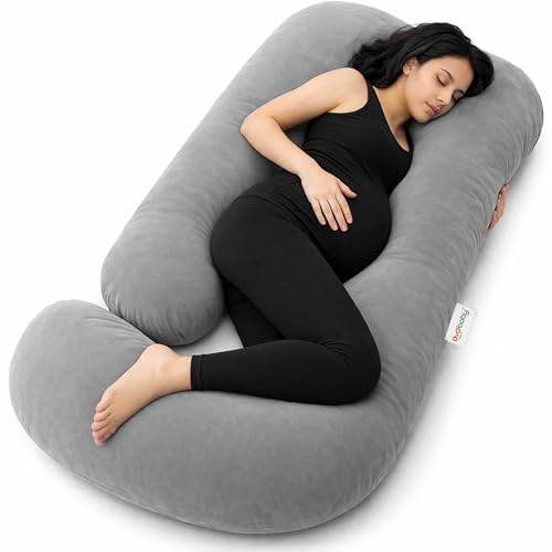 OYO BABY Maternity Pillows J-Shape Full Body Pillow | 360° Maternity Support for Back, Hips, Legs & Belly | Pregnancy Pillows for Women | Removable Washable Velvet Cover (Light Grey)