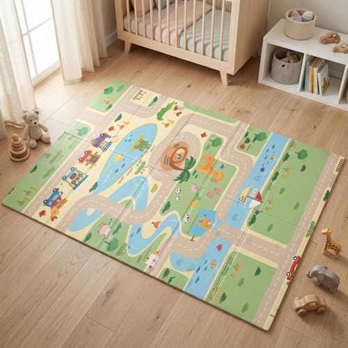BabyPro Reversible Baby Play Mat, BPA-Free Foldable Mat, Cross-Linked Polyethylene, XPE Bounce-Back Cushioned Foam, Waterproof Learning & Crawling Mat, 5 x 4ft, 0.5cm Thickness, Play Trails
