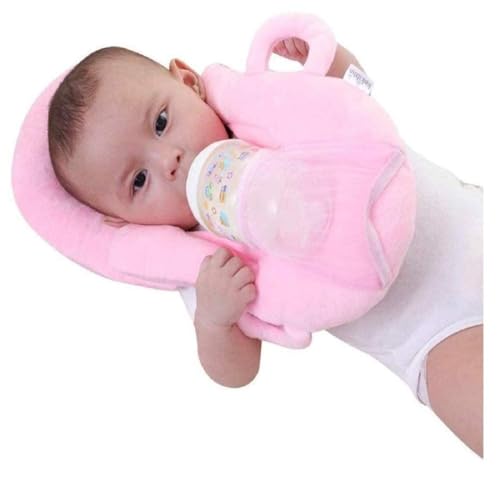 Baby Bottle Holder Pillow for Infants, Hands-Free Feeding Support Cushion, Soft Plush Baby Feeding Pillow with Adjustable Bottle Support, Comfortable Nursing Aid for Newborns and Babies (Pink)