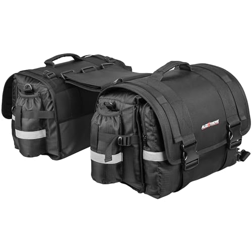 Allextreme 72L Motorcycle Saddle Bag with Rain Cover & Reflective Strips Polyester Multi Compartments Large Storage Capacity Saddlebags for All Sports Street Bikes (Black)