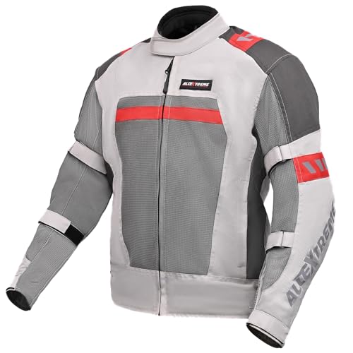 Allextreme BAZOOKA Bike Riding Jacket Mesh Fabric Racer Motorcycle with Back Elbows Shoulders Protection and All Season Night Visibility Sticker for Men (L, Grey/Red)