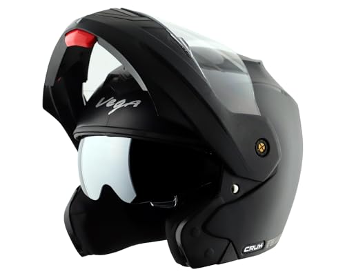 Vega Crux Dual Visor Flip Up Riding Helmet with Flip-Up Design, Dual Visor Protection, Comfortable Liner, Ventilated Interior, Shock Absorbing Padding, and Modern Black Styling Black -M