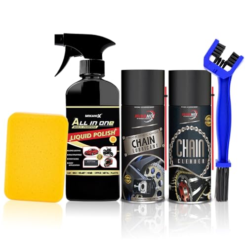 MIKANIX Combo of Chain Cleaner + Chain Lube + All In One Liquid Polish Cleaner | Cleaning Brush | Cleans | Shines Bike | Car & Protects Bike Chain (550 ml, Pack of 4)