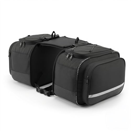 FATMUG Motorcycle Saddle Bag with Rain Cover, Double Side Storage for Travel, Polyester- 50L Black