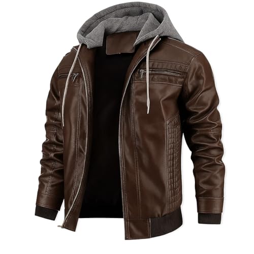 Blaq Ash Men's Faux Leather Hooded Motorcycle Jacket, Zip-Up, with Pocket (IN, Alpha, XL, Brown)
